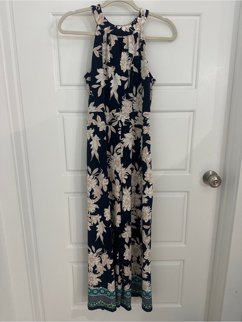 Roz & Ali Navy Floral Halter Maxi Dress with Beige Blooms